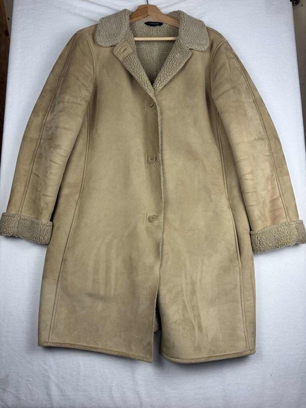 Lands’ End Faux Suede Shearling Coat Women’s M 10-12 Tan Sherpa Longline3